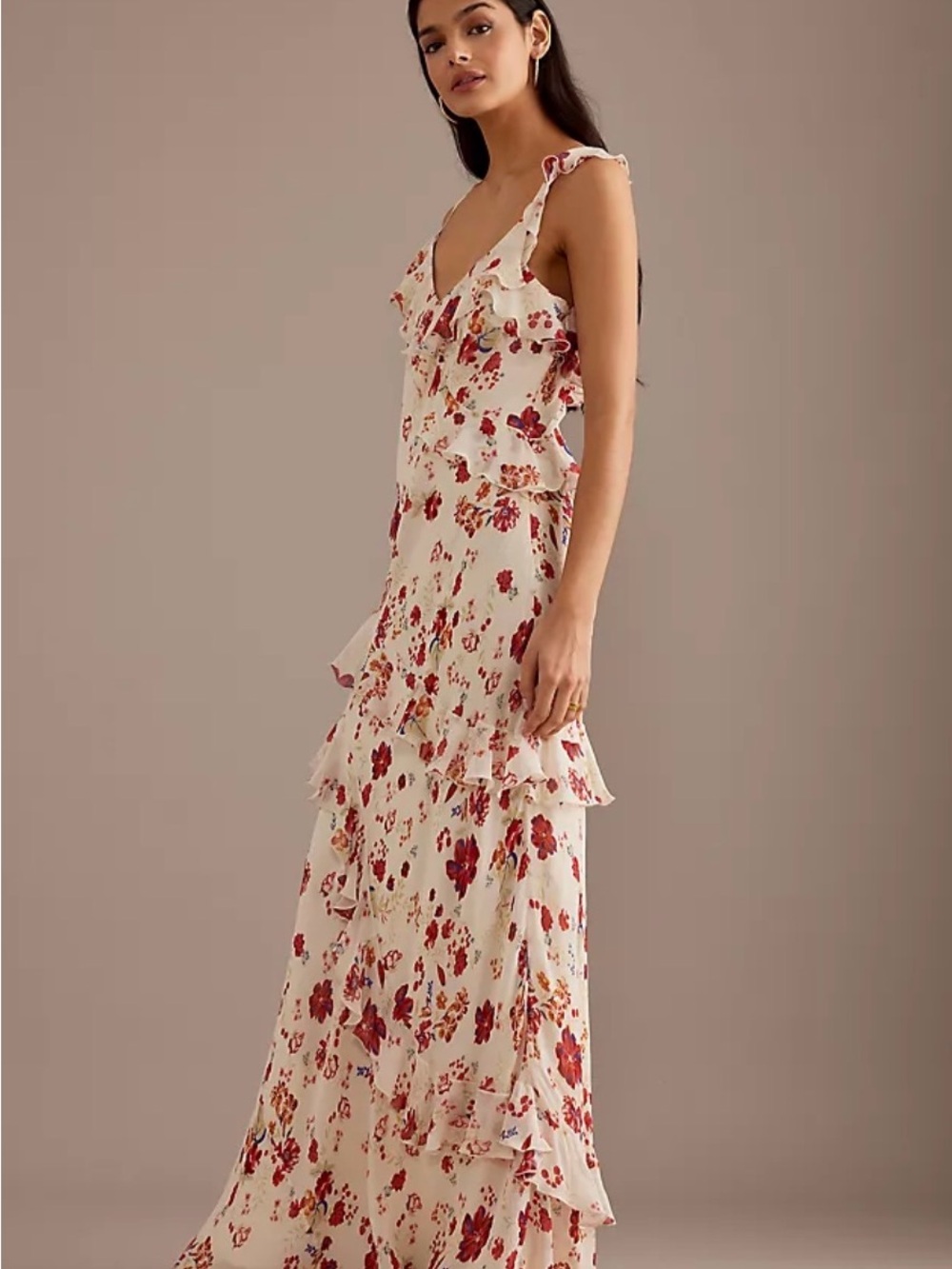 Anthropologie Ivory Maxi Dress with Red Floral Print